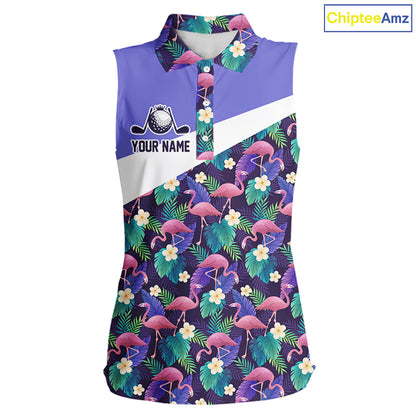 Purple Flamingo Tropical Pattern Womens Sleeveless Golf Polo Shirt Custom Golf Shirts For Golfer NHT584