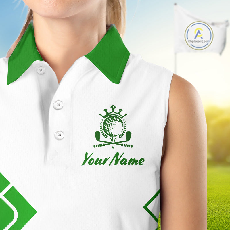 Personalized Polo Golf Shirts Custom For Golfer White And Green Womens Sleeveless Golf Shirts Team Golf Jersey NHT592