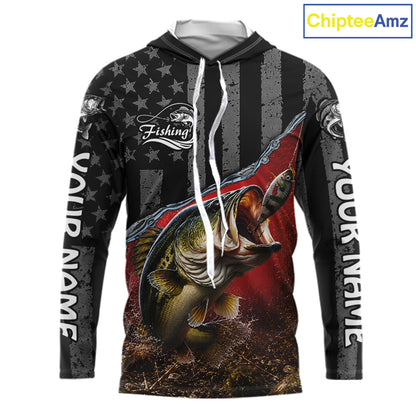 Gray Red Bass Custom Long Sleeve Hooded Fishing Shirts, Bass Fishing Jerseys
