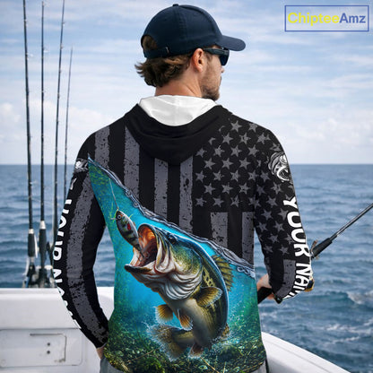 Gray Blue Bass Custom Long Sleeve Hooded Fishing Shirt, American Flag Patriotic Bass Fishing Jerseys NHT973