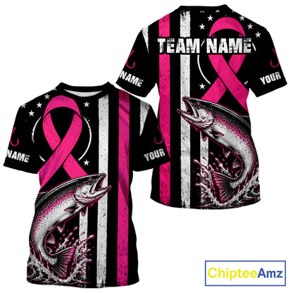 A customizable black short-sleeve t-shirt featuring a pink awareness ribbon, a leaping salmon graphic, and vertical distressed white and pink stripes. The shirt includes placeholder text 'NAME' and 'YOUR' on the sleeves, and a 'ChipteeAmz' logo is visible in the top right corner.