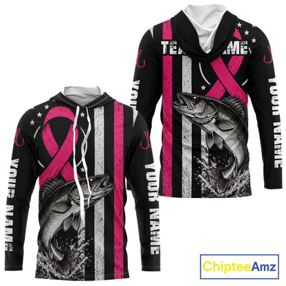 Front and back views of a black long-sleeve hoodie with a pink awareness ribbon, distressed vertical stripes, a large fish graphic, and white placeholder text on the sleeves and chest, shown on a white background with a ChipteeAmz logo in the corner.