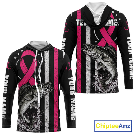 Front and back views of a black long-sleeve hoodie with a pink awareness ribbon, distressed vertical stripes, a large fish graphic, and white placeholder text on the sleeves and chest, shown on a white background with a ChipteeAmz logo in the corner.