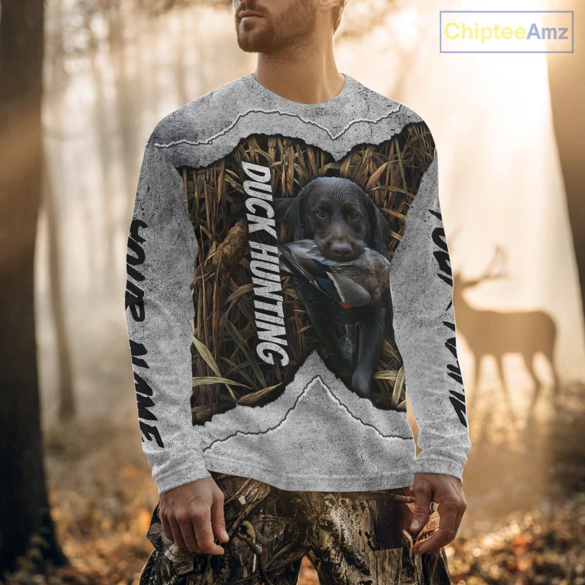 Waterfowl Duck Hunting Shirt – Gray Camo Personalized with Black Lab, Hunting Clothes NHT174