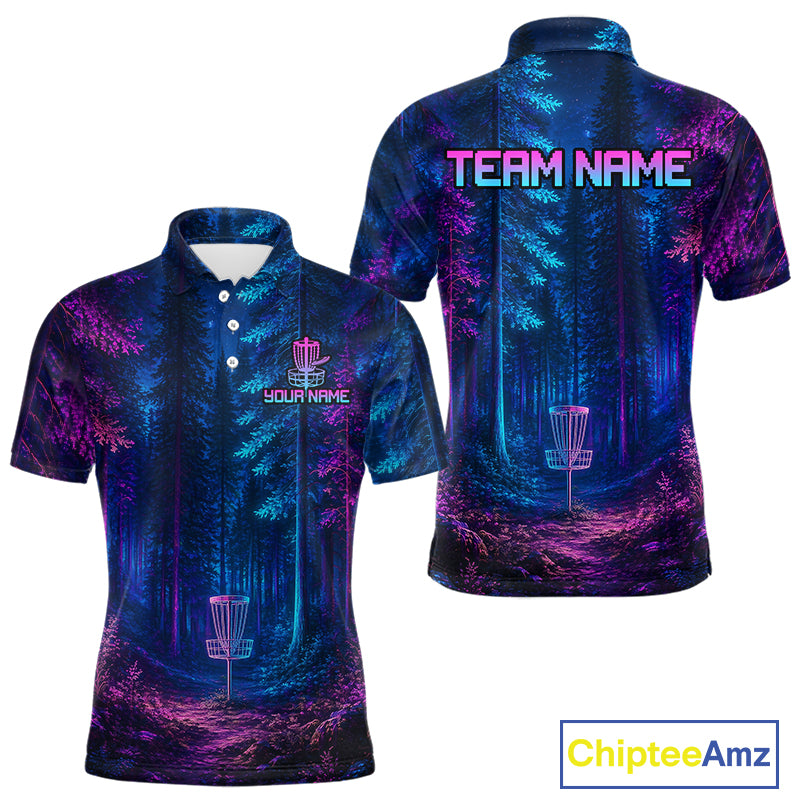 Mens Disc Golf Polo Shirt Custom Forest Neon Disc Golf Basket, Personalized Disc Golf Shirts NHT837