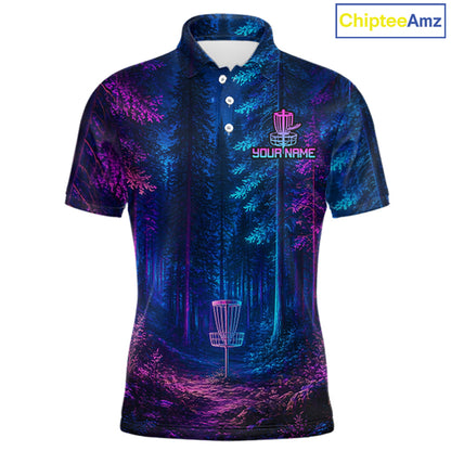 Mens Disc Golf Polo Shirt Custom Forest Neon Disc Golf Basket, Personalized Disc Golf Shirts NHT837