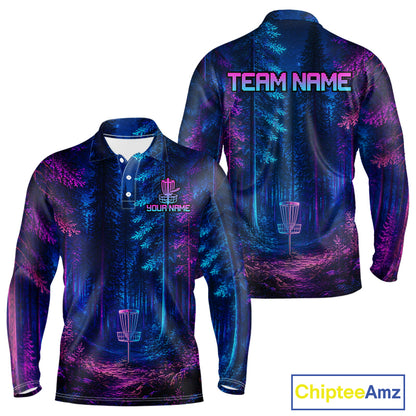 Mens Disc Golf Polo Shirt Custom Forest Neon Disc Golf Basket, Personalized Disc Golf Shirts NHT837