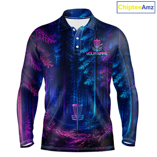 Mens Disc Golf Polo Shirt Custom Forest Neon Disc Golf Basket, Personalized Disc Golf Shirts NHT837