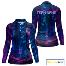 Load image into Gallery viewer, Womens Disc Golf Polo Shirt Custom Forest Neon Disc Golf Basket, Personalized Disc Golf Shirts NHT837