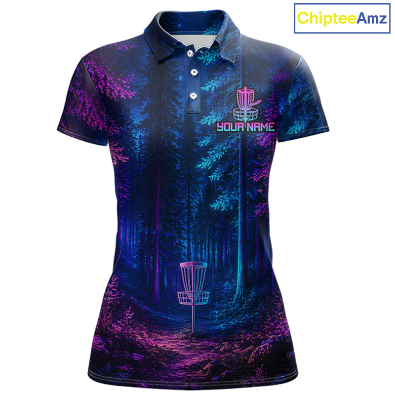 Womens Disc Golf Polo Shirt Custom Forest Neon Disc Golf Basket, Personalized Disc Golf Shirts NHT837