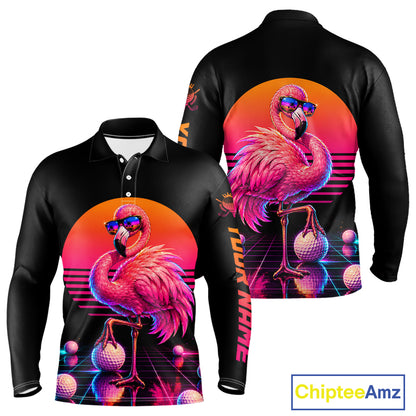 Personalized Funny Flamingo Mens Golf Polo Shirt – Vintage Neon Golf Design