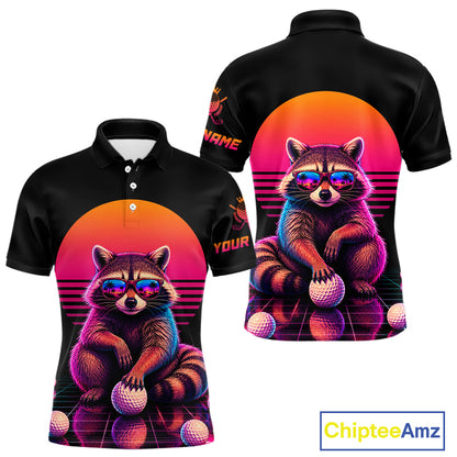 Personalized Funny Raccoon Mens Golf Polo Shirt – Vintage Neon Golf Design