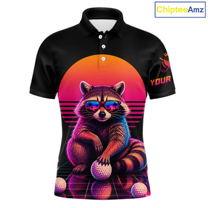 Personalized Funny Raccoon Mens Golf Polo Shirt – Vintage Neon Golf Design