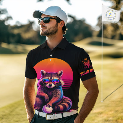 Personalized Funny Raccoon Mens Golf Polo Shirt – Vintage Neon Golf Design NHT995