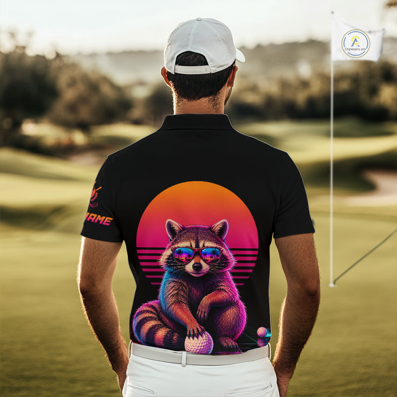 Personalized Funny Raccoon Mens Golf Polo Shirt – Vintage Neon Golf Design