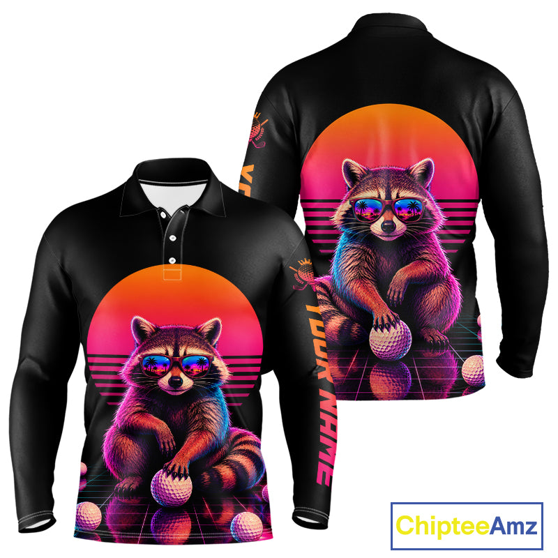Personalized Funny Raccoon Mens Golf Polo Shirt – Vintage Neon Golf Design