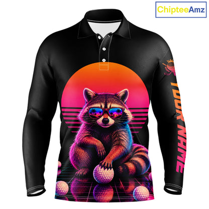 Personalized Funny Raccoon Mens Golf Polo Shirt – Vintage Neon Golf Design