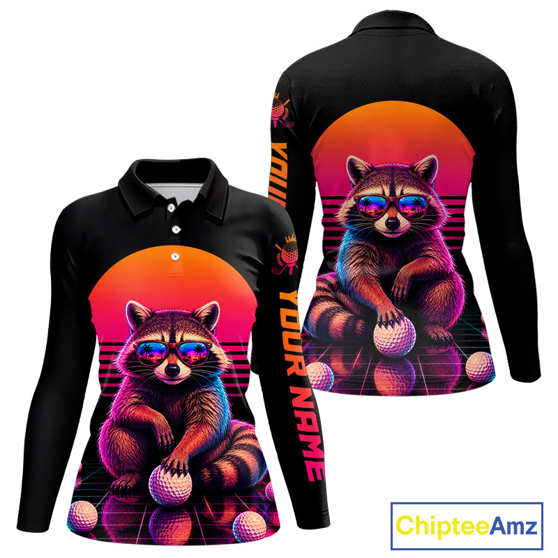 Personalized Funny Raccoon Womens Golf Polo Shirt – Vintage Neon Golf Design