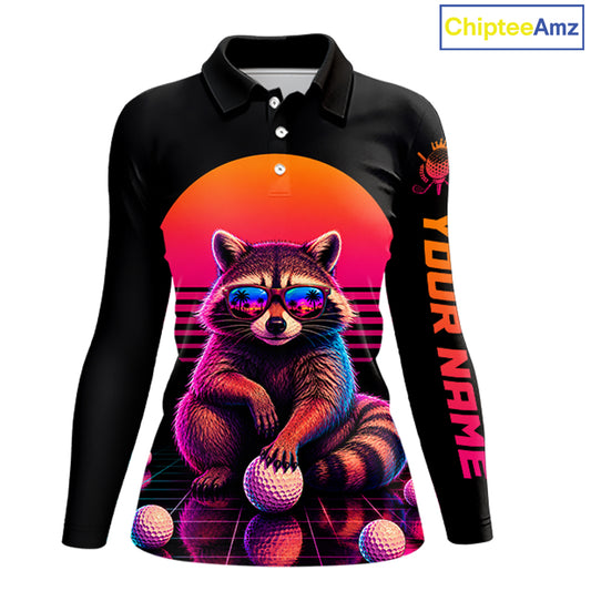 Personalized Funny Raccoon Womens Golf Polo Shirt – Vintage Neon Golf Design