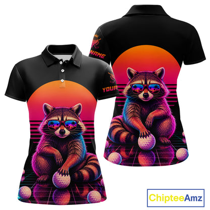 Personalized Funny Raccoon Womens Golf Polo Shirt – Vintage Neon Golf Design