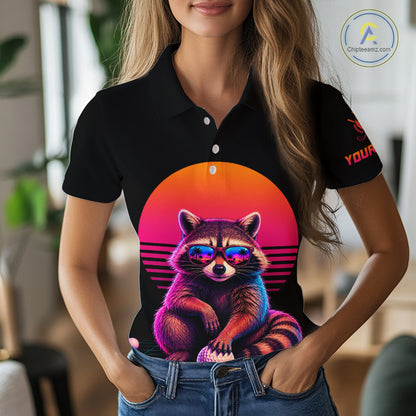 Personalized Funny Raccoon Womens Golf Polo Shirt – Vintage Neon Golf Design