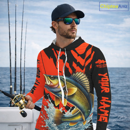 Orange Camo Walleye Fishing Custom Performance Long Sleeve Hooded, Walleye Fishing Jersey NHT432
