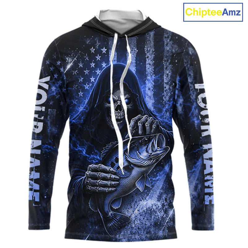 Hooded Custom Team Name Grim Reaper Bass Fishing With American Flag - Patriotic Bass Fishing Jersey|Yellow NHT630
