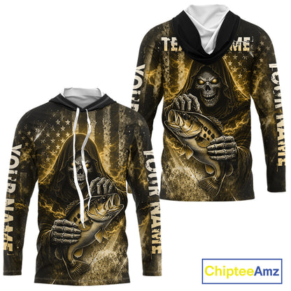 Hooded Custom Team Name Grim Reaper Bass Fishing With American Flag - Patriotic Bass Fishing Jersey|Blue NHT631