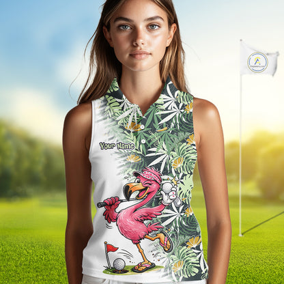 Funny Pink Flamingo Green Tropical Pattern Sleeveless Womens Golf Polo Shirt Custom Golf Shirts For Womens NHT648