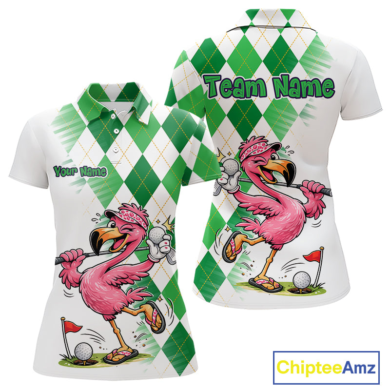 Funny Pink Flamingo Argyle Green Pattern Golf Polo Shirt Custom Golf Shirts For Womens NHT651