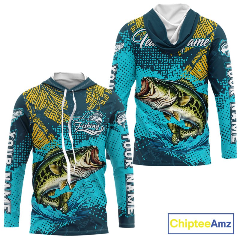 Custom Hooded Largemouth Bass Fishing Long Sleeve Tournament Shirts, Bass Fishing Shirts For Men NHT508