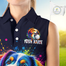 Load image into Gallery viewer, Navy blue sleeveless shirt with colorful dog design and 'Your Name' text on a blurred outdoor background