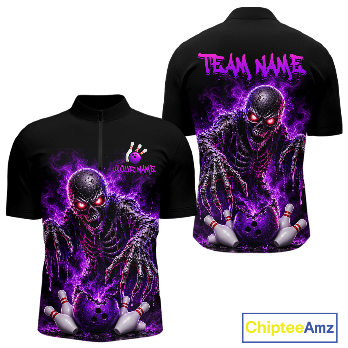 Black short-sleeve zip-up shirt shown from the front and back, featuring a large purple and black bowling-themed skeleton graphic with bowling pins and glowing red eyes. The front has placeholder text reading 'YOUR NAME' and a bowling pin logo, and the back has 'TEAM NAME' in purple.