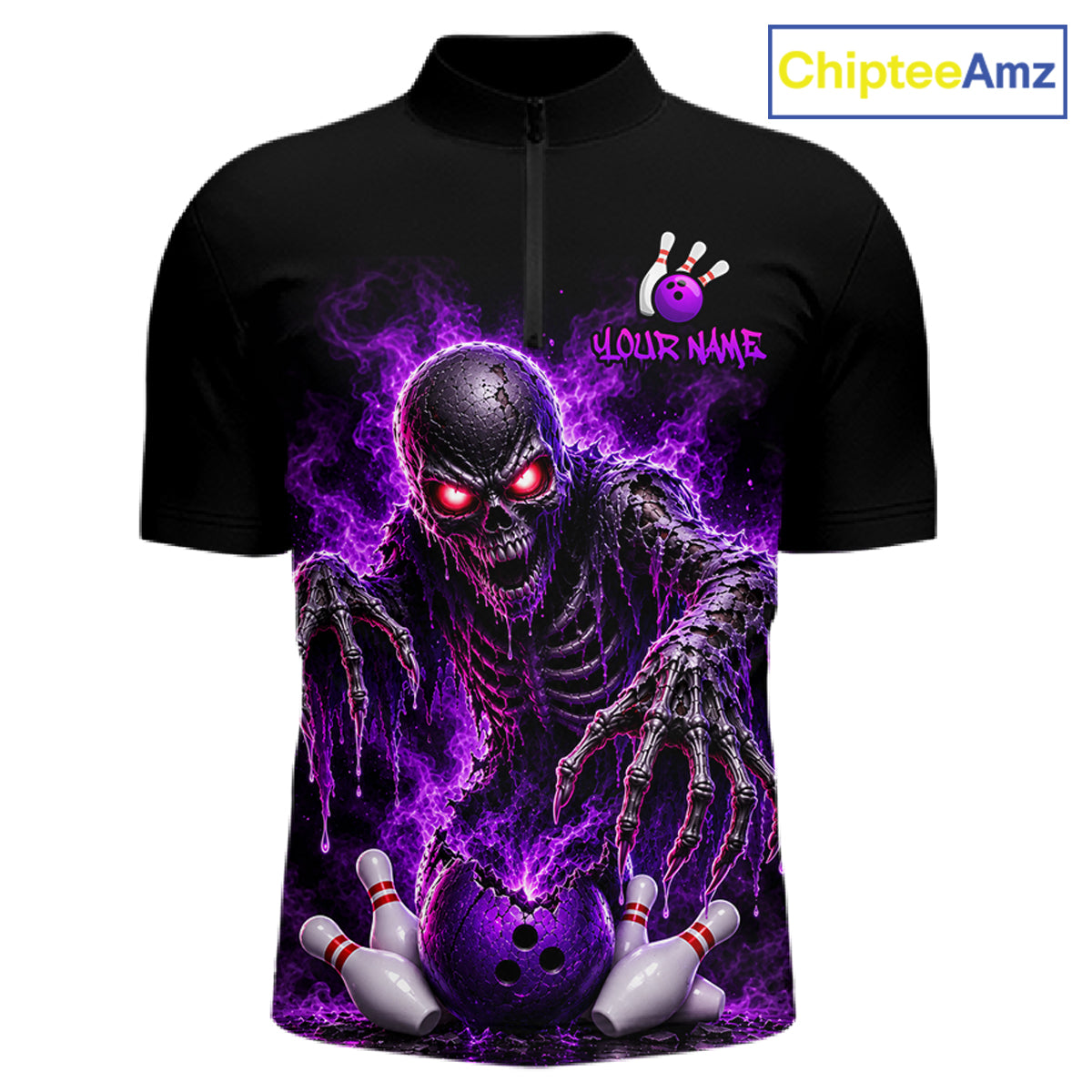 A black short-sleeve zip-up shirt with a large purple and black bowling-themed graphic on the front, featuring a skeletal bowling character, bowling pins, and a customizable name print area. A ChipteeAmz logo is visible in the top right corner.
