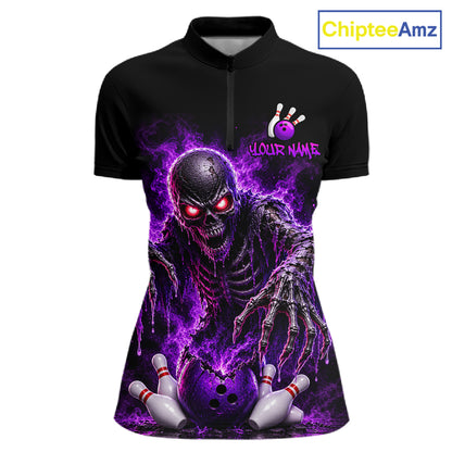 A women's short-sleeve zip-front polo shirt in black, featuring a large purple and black zombie bowling graphic on the front with red glowing eyes, bowling balls, bowling pins, and the text 'YOUR NAME'. A 'ChipteeAmz' logo is visible in the top right corner.
