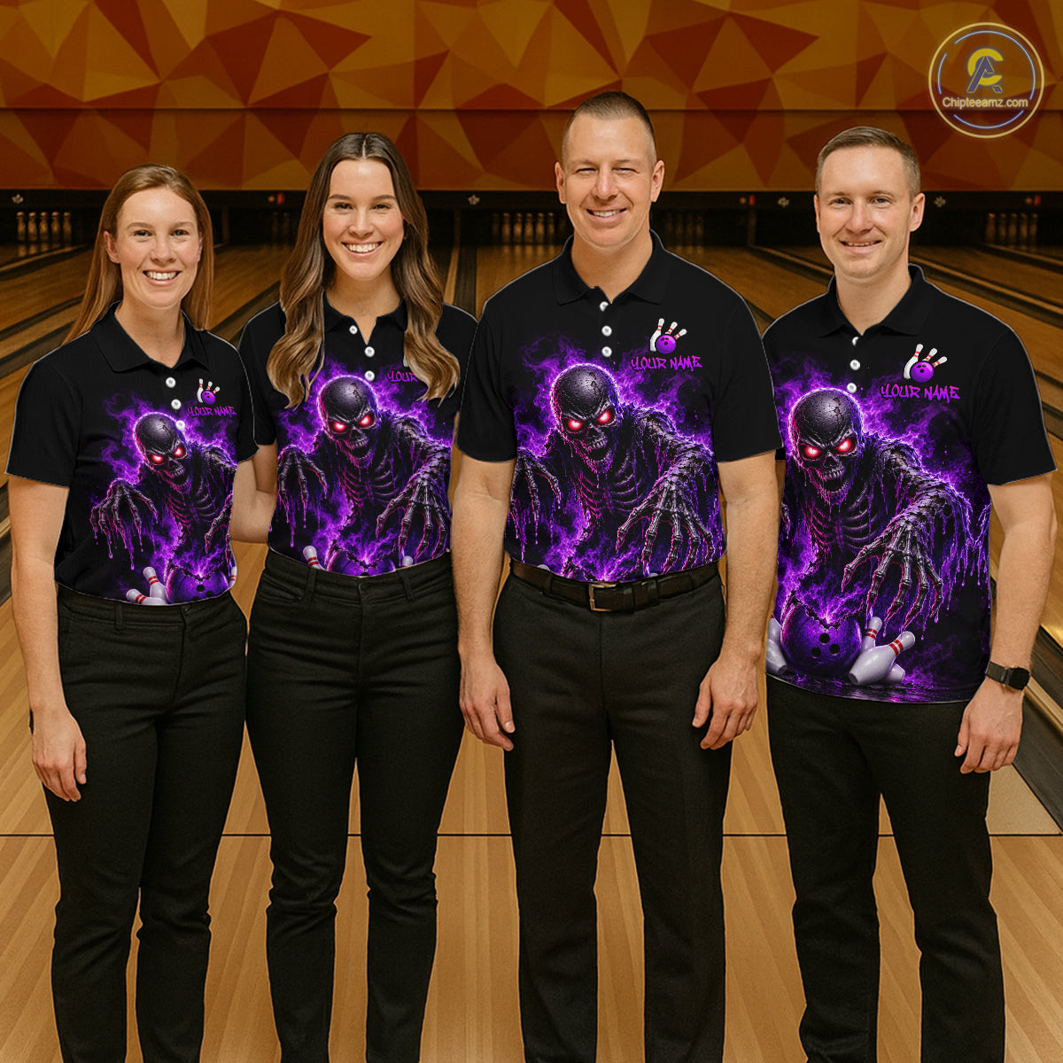 Personalized Men Bowling Jersey Custom Name Team Name Purple Skeleton Bowling Polo Shirt Tournament Gift NHT1317