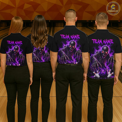 Personalized Women Bowling Jersey Custom Name Team Name Purple Skeleton Bowling Polo Shirt Tournament Gift NHT1317