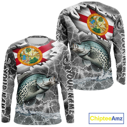 Florida Crappie Camo Gray Custom Long Sleeve Performance Fishing Shirts, Florida Flag Fishing Jerseys NHT658