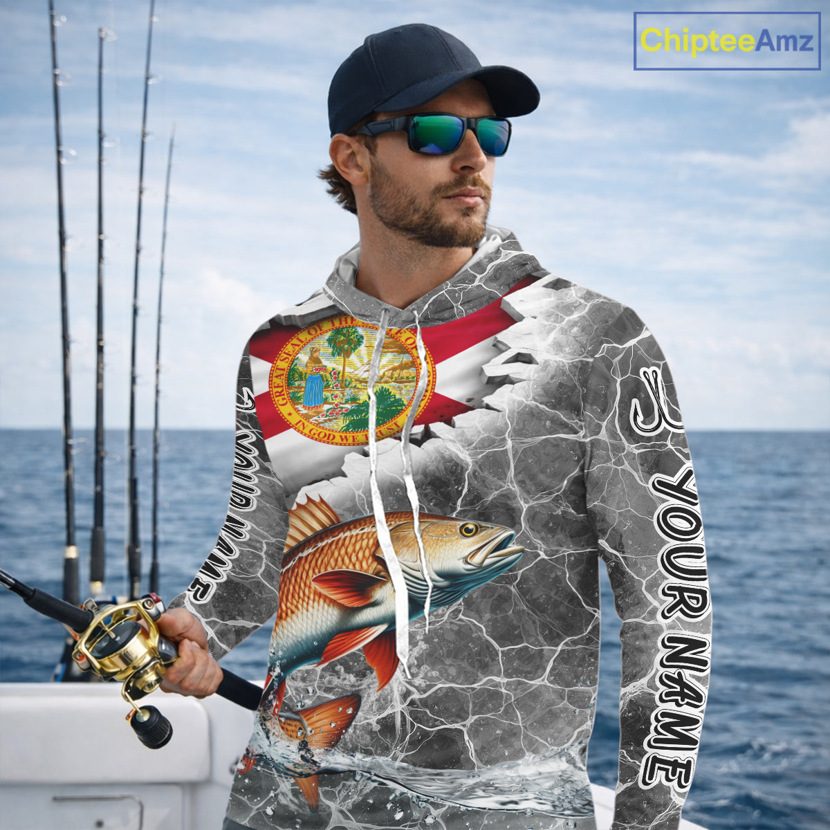 Florida Redfish Camo Gray Custom Long Sleeve Hooded Performance Fishing Shirts, Florida Flag Fishing Jerseys NHT660