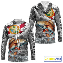 Load image into Gallery viewer, Florida Redfish Camo Gray Custom Long Sleeve Hooded Performance Fishing Shirts, Florida Flag Fishing Jerseys NHT660
