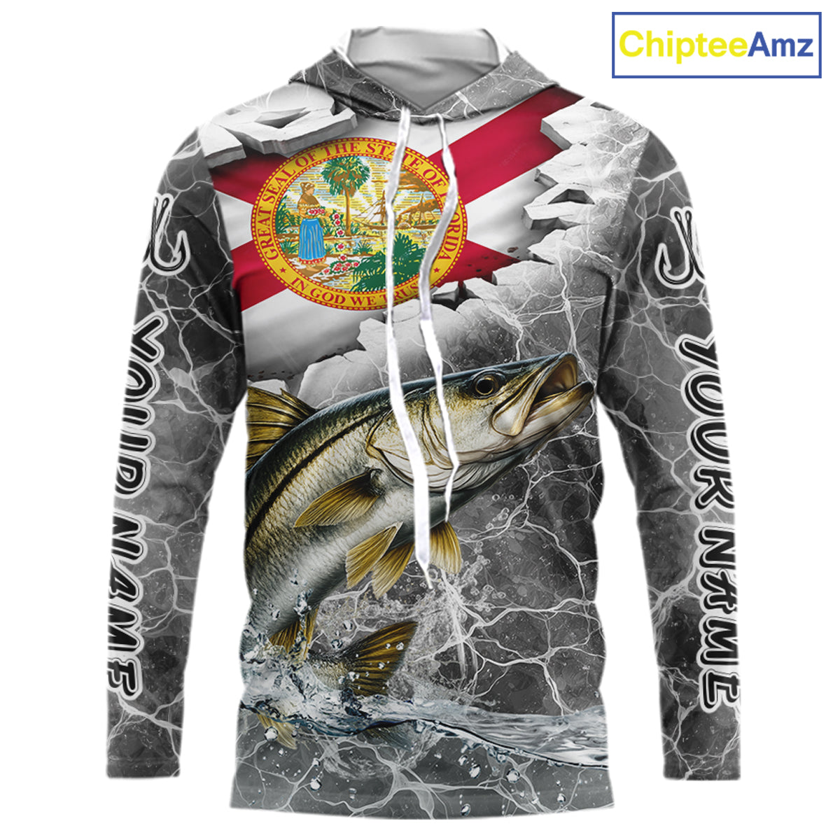 Florida Snook Camo Gray Custom Long Sleeve Hooded Performance Fishing Shirts, Florida Flag Fishing Jerseys NHT661