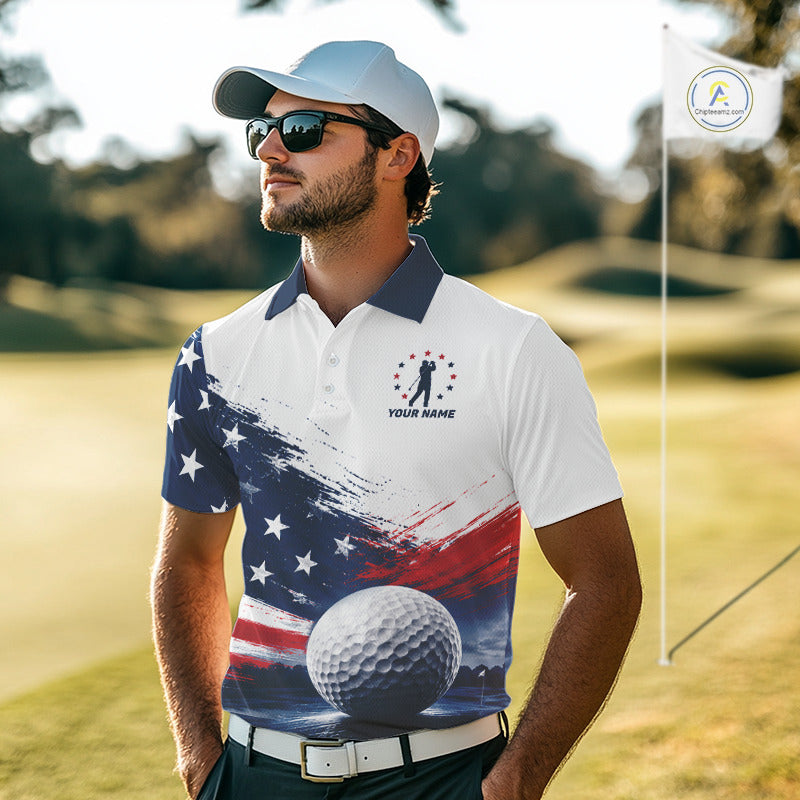 Men's Patriotic Golf Polo Shirt – USA Flag Golf Apparel, Red White Blue Performance Polo 