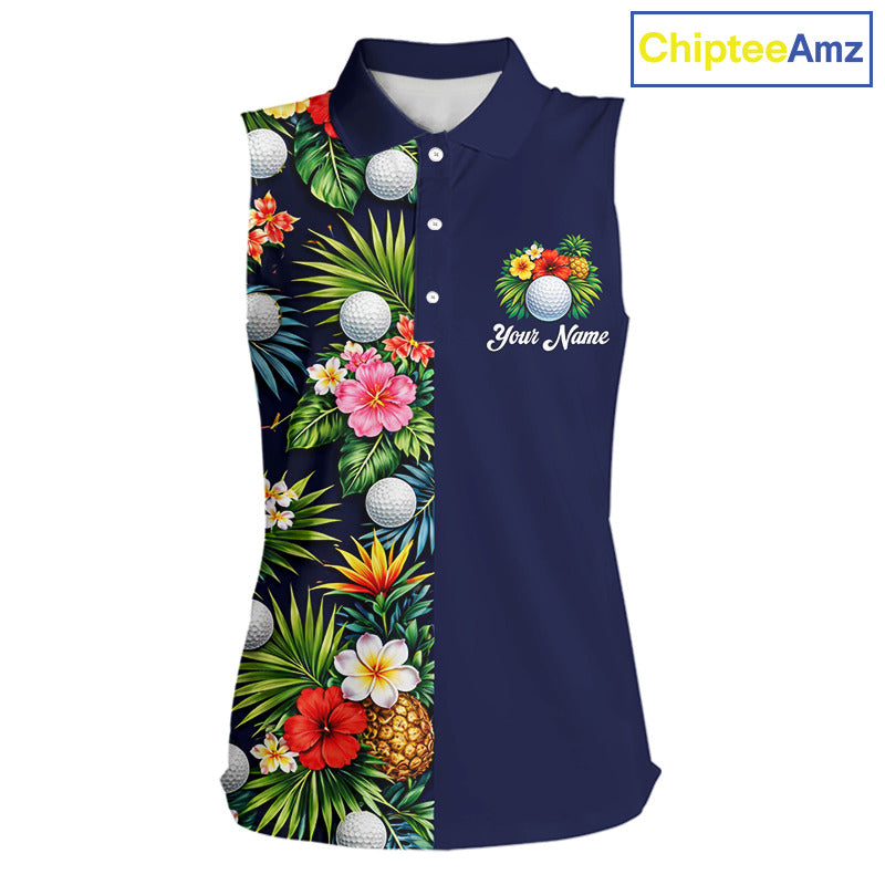 Womens Sleeveless Golf Polo Shirt Green Tropical Flower Leaves Custom Name Golf Polo Shirts, Golfing Gift NHT720