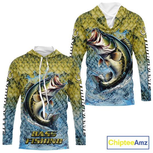 Largemouth Bass Fishing Shirts Long Sleeve Hooded, Beautiful Bass Fishing Shirts For Men NHT403