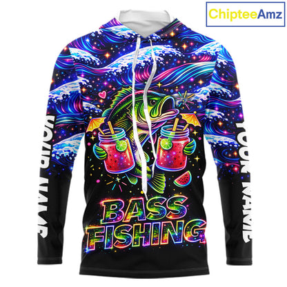 Bass Fishing Shirts Long Sleeve Hooded- Neon Bass Shirt, Funny Fishing Gift For Fishermen NHT535