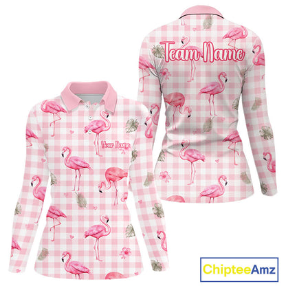 A long-sleeve polo shirt shown from both front and back views on a white background. The shirt features a pink and white gingham pattern with pink flamingos and small palm leaves, and customizable text areas on the front and back reading 'Team Name' and 'Team Logo'.