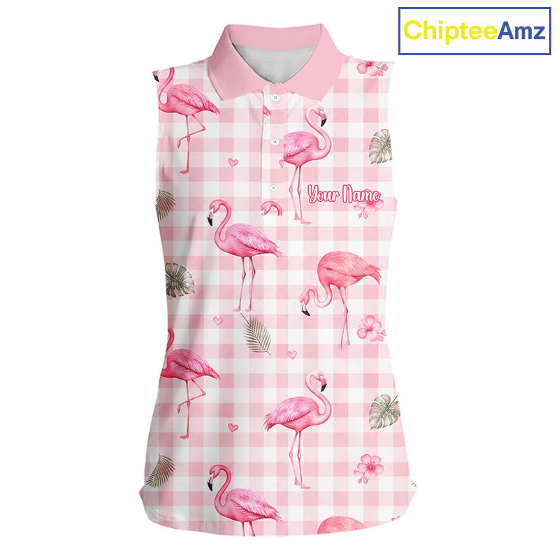 A sleeveless polo shirt with a pink and white gingham pattern, decorated with pink flamingos, palm leaves, and the text 'Your Name'. A 'ChipteeAmz' logo is visible in the top right corner.