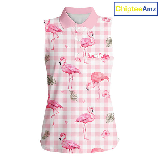 A sleeveless polo shirt with a pink and white gingham pattern, decorated with pink flamingos, palm leaves, and the text 'Your Name'. A 'ChipteeAmz' logo is visible in the top right corner.