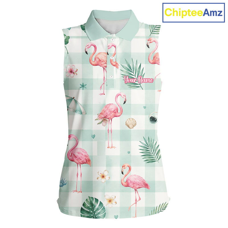 A sleeveless collared polo shirt with a pink flamingo and tropical leaf print over a mint green and white gingham pattern. The shirt features a mock button placket and a customizable text placeholder on the chest.