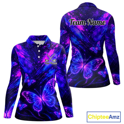 Neon Butterfly Womens Golf Polo Shirt Personalized Team Name Custom Purple Blue Golf Apparel Gift NHT901